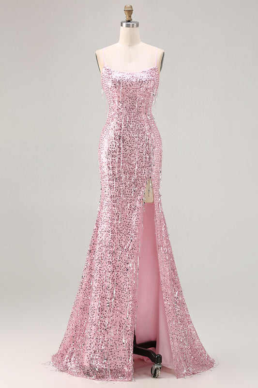 Sparkly Pink Mermaid Lace Up Back Sequin Long Prom Dress with Slit