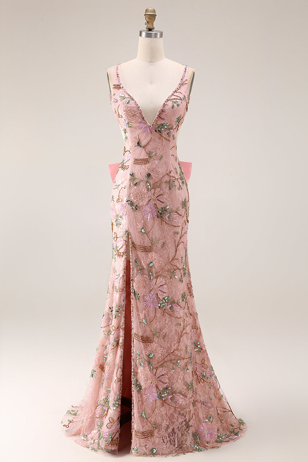 Fitted Beaded Open Back Sequins Long Floral Prom Dress with Detachable Bow