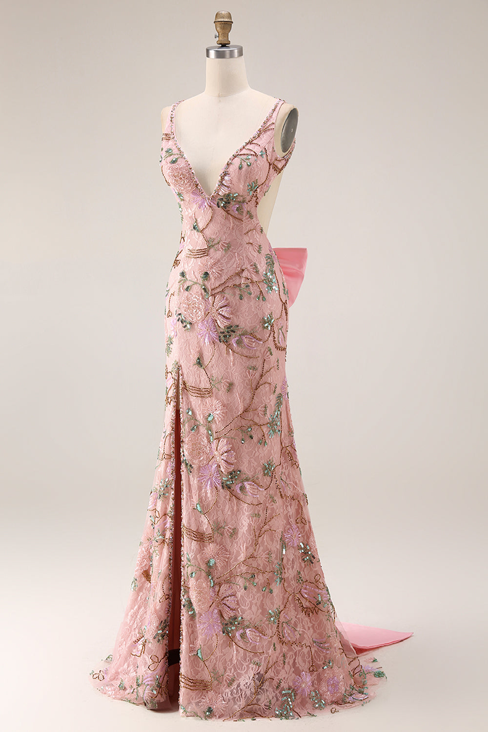 Fitted Beaded Open Back Sequins Long Floral Prom Dress with Detachable Bow