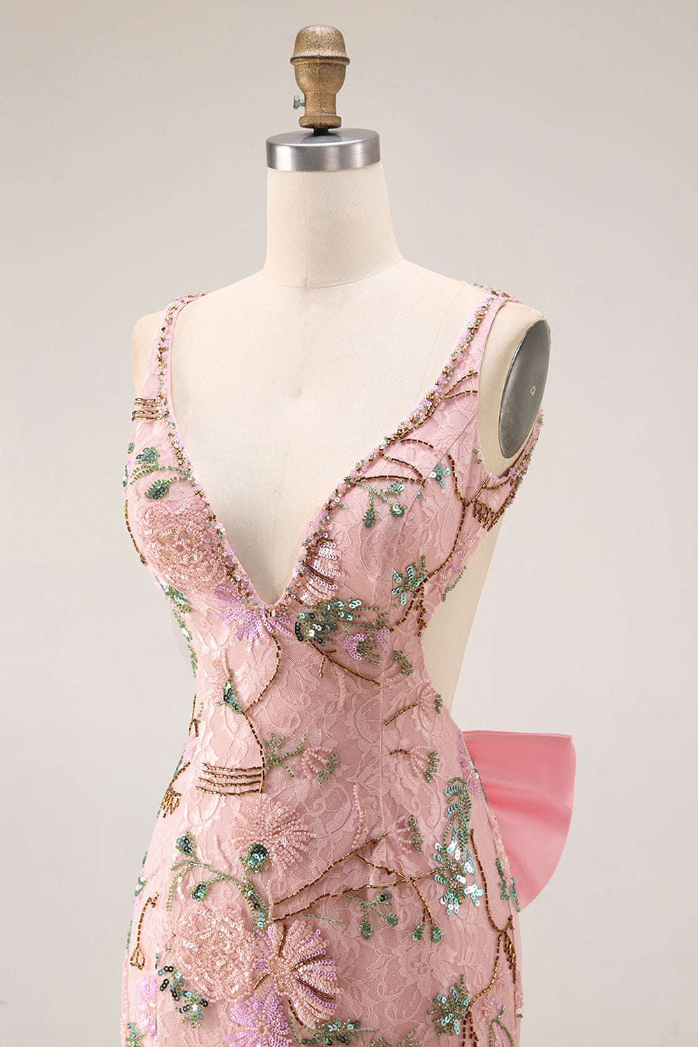 Fitted Beaded Open Back Sequins Long Floral Prom Dress with Detachable Bow