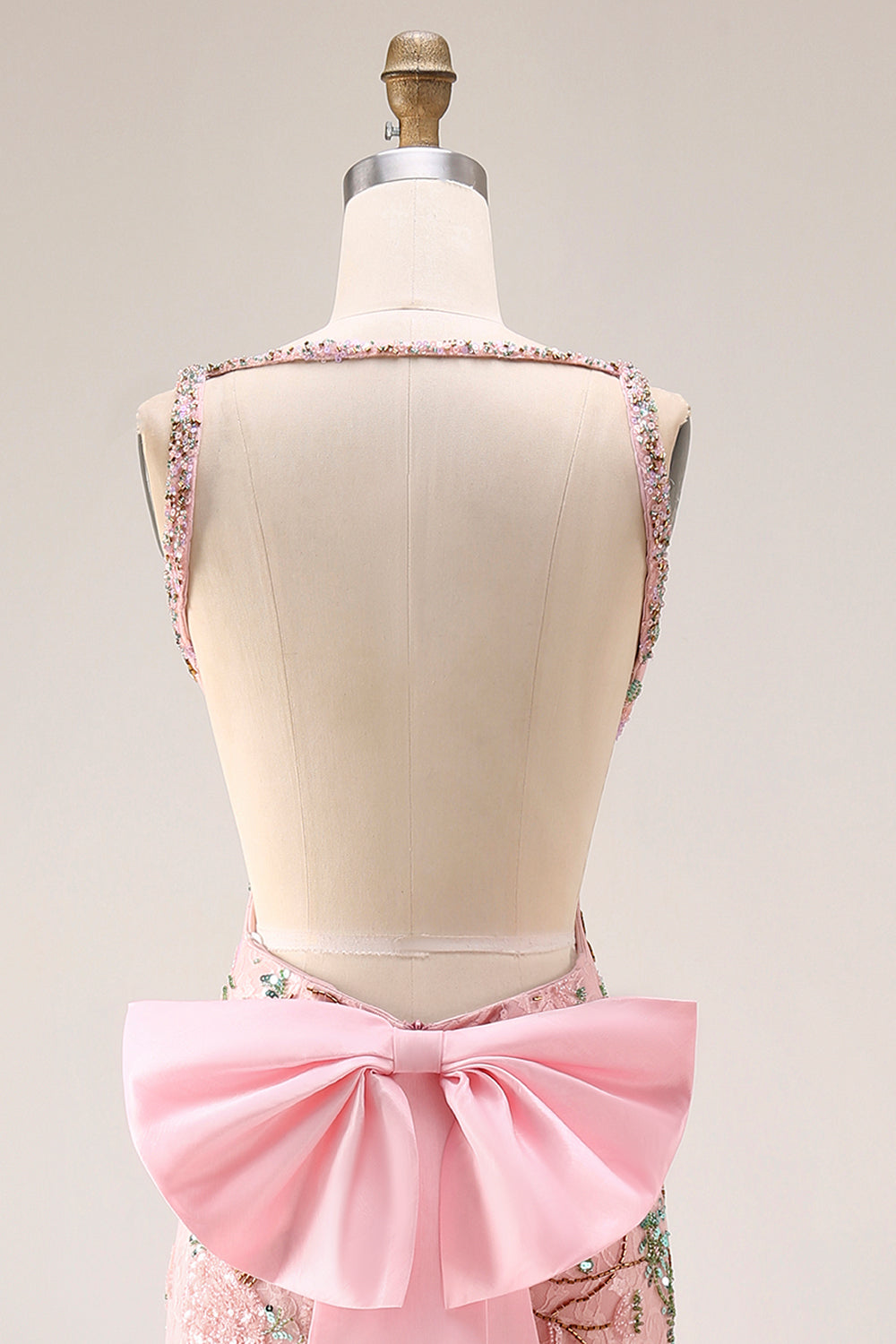 Fitted Beaded Open Back Sequins Long Floral Prom Dress with Detachable Bow