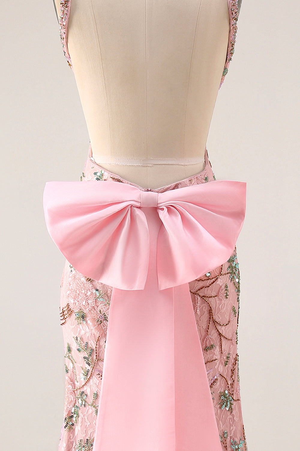 Fitted Beaded Open Back Sequins Long Floral Prom Dress with Detachable Bow