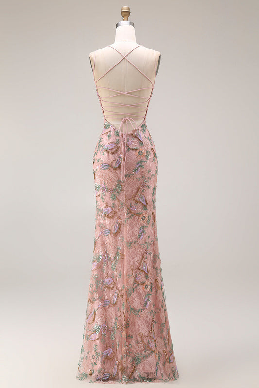 Robe longue de bal fourreau ornée de perles et de paillettes, bretelles spaghetti, motif floral, couleur blush