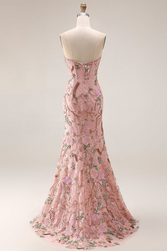 Strapless Floral Beaded Corset Bodice Fitted Long Prom Dress with Skirt Slit