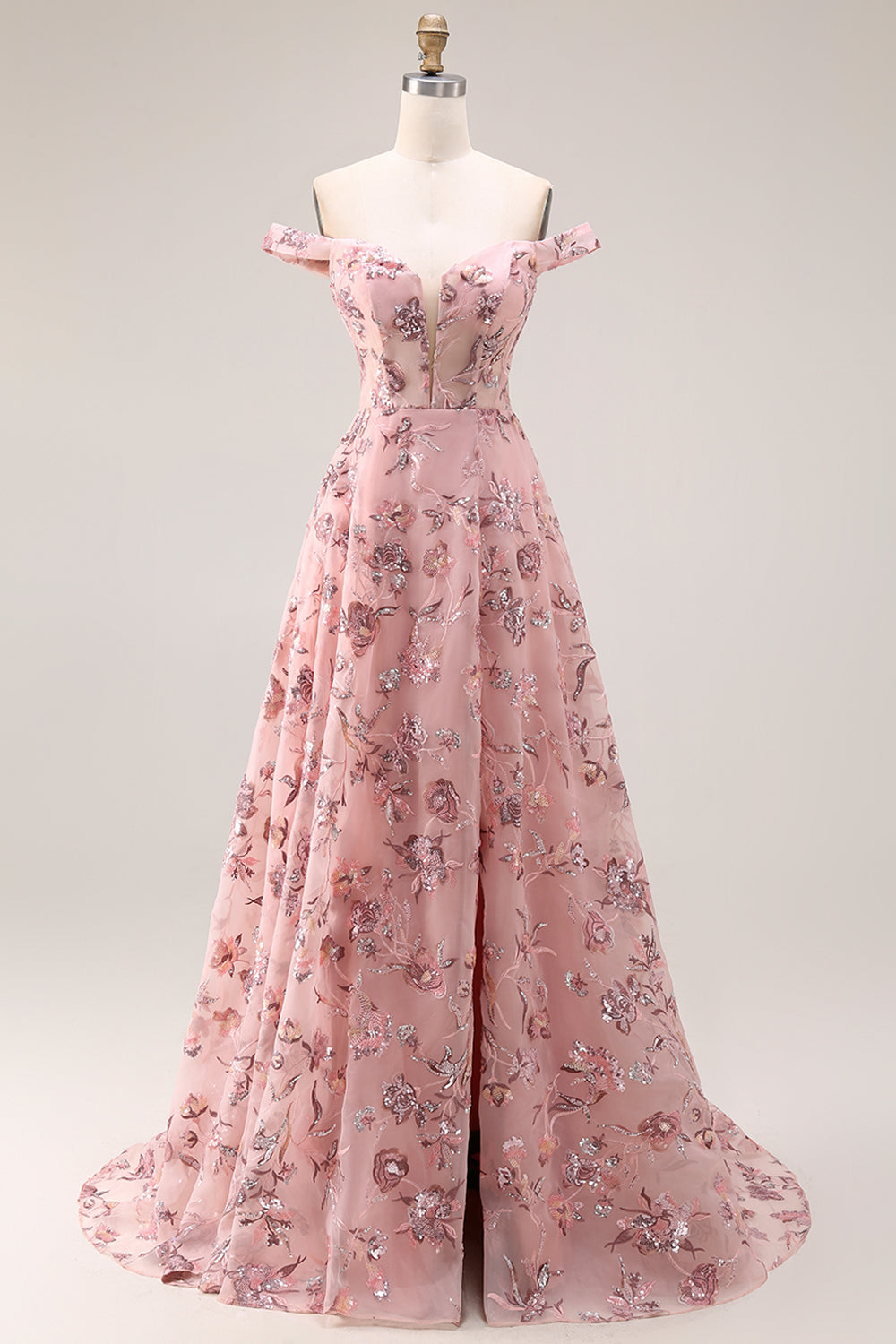 Blush Floral Off-The-Shoulder A-Line Long Prom Dress with Slit