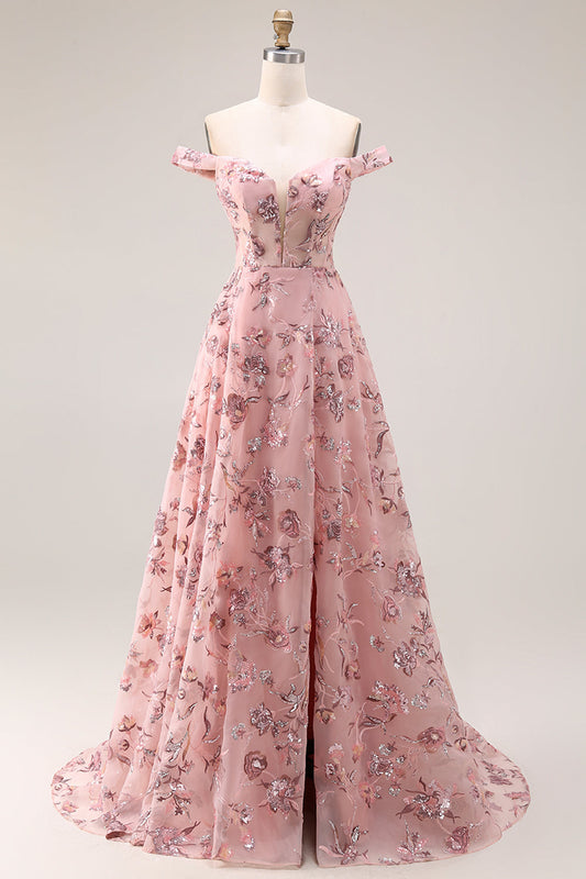 Robe de bal longue évasée rose poudré fleurie à épaules dénudées avec fente