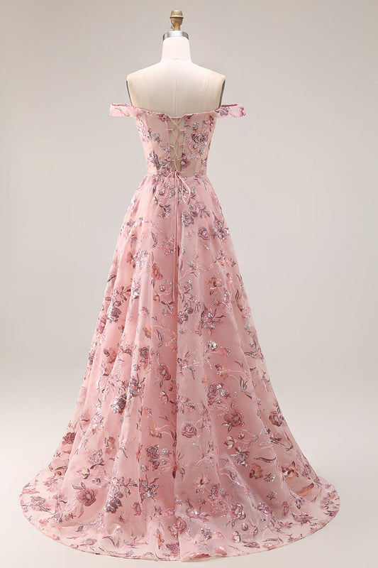 Robe de bal longue évasée rose poudré fleurie à épaules dénudées avec fente