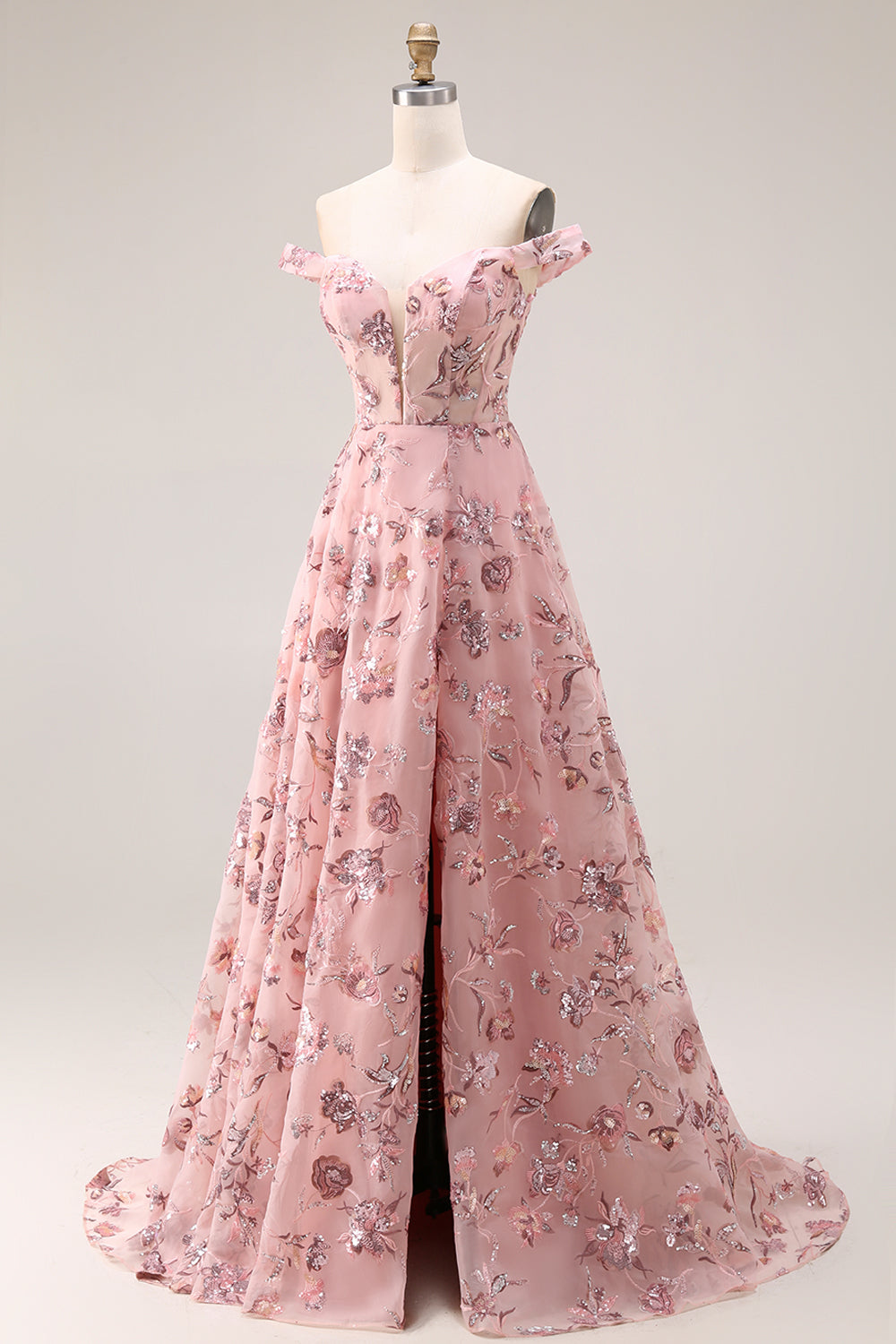 Blush Floral Off-The-Shoulder A-Line Long Prom Dress with Slit