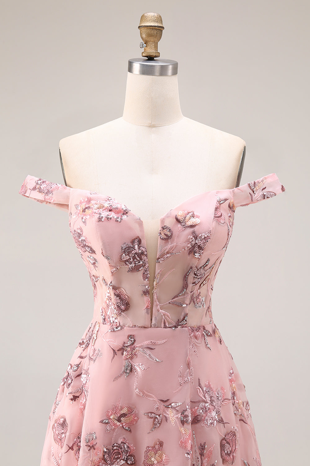 Blush Floral Off-The-Shoulder A-Line Long Prom Dress with Slit