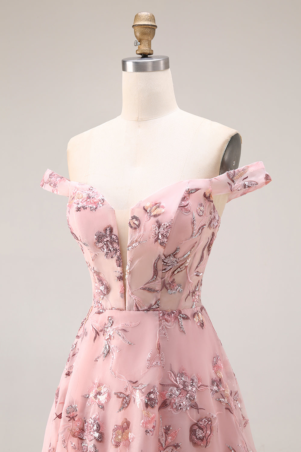 Blush Floral Off-The-Shoulder A-Line Long Prom Dress with Slit