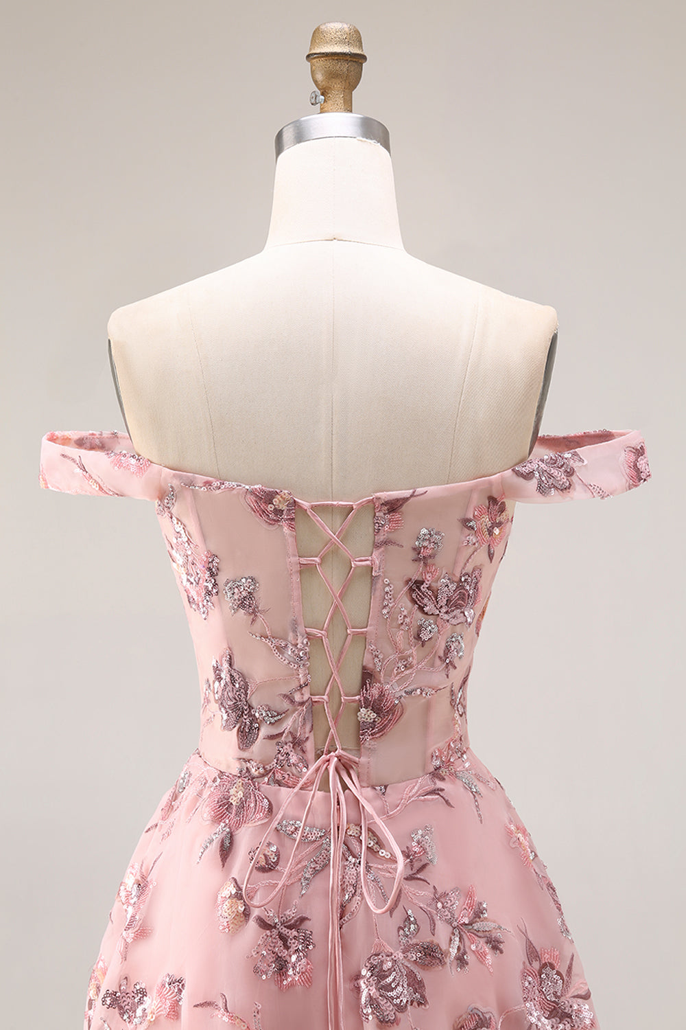 Blush Floral Off-The-Shoulder A-Line Long Prom Dress with Slit
