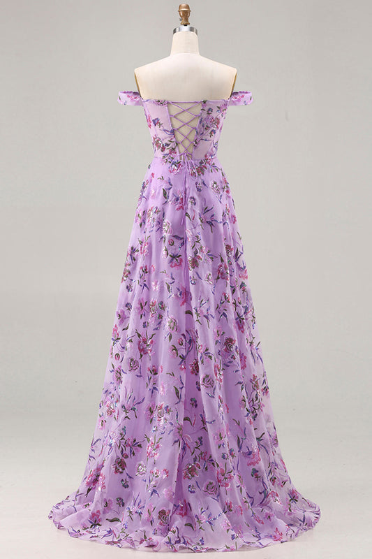 Purple Off The Shoulder Floral A-Line Sequin Long Prom Dress with Slit