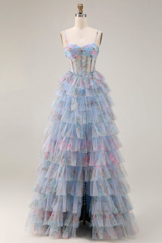 Blue Floral A-Line Tiered Ruffle Corset Long Prom Dress with Slit