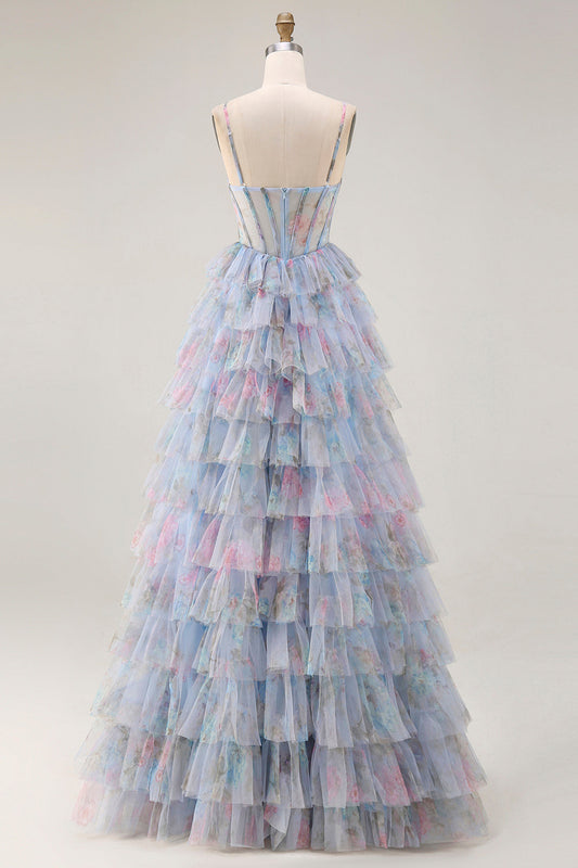 Blue Floral A-Line Tiered Ruffle Corset Long Prom Dress with Slit