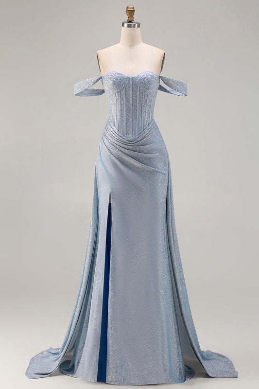 Sparkly Off The Shoulder Mermaid Dusty Blue Beaded Long Corset Prom Dress with Slit