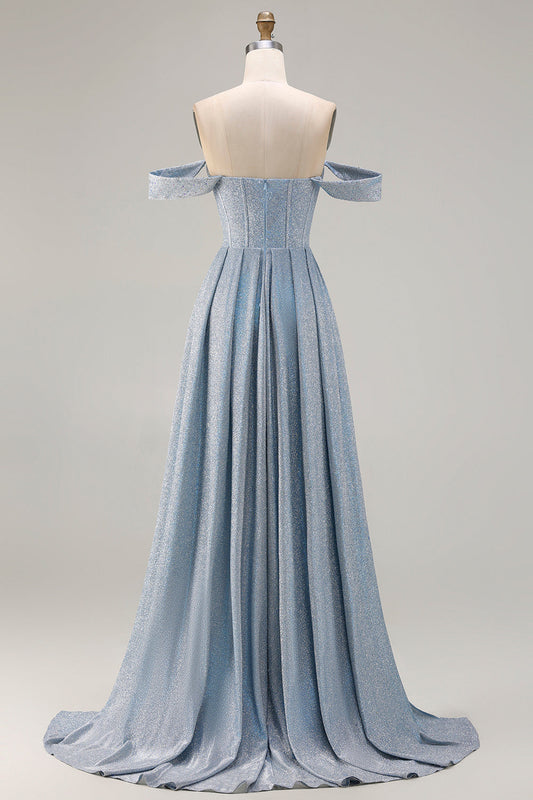 Sparkly Off The Shoulder Mermaid Dusty Blue Beaded Long Corset Prom Dress with Slit