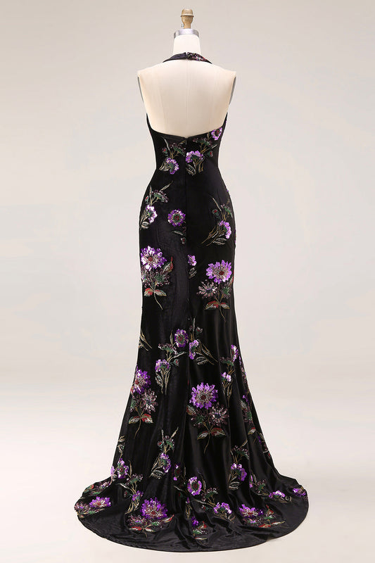 Robe de bal longue sirène en velours noir à broderies de paillettes, licou et fente