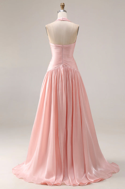 Halter Blush Pink A-Line Pleated Long Prom Dress with Slit