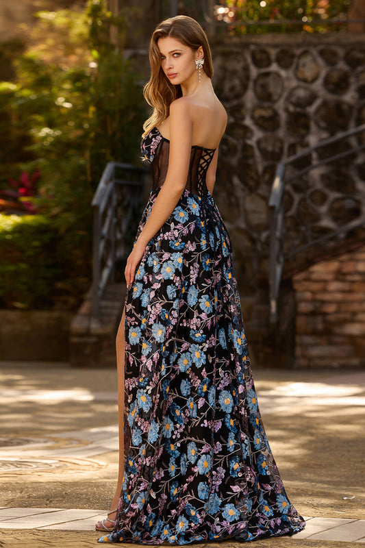 Robe de bal longue noire bustier florale ligne A avec corset transparent et fente