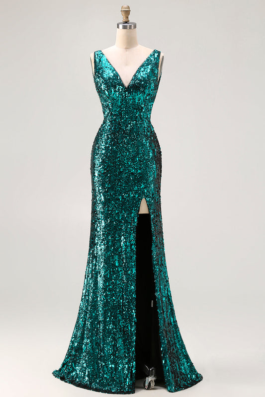 Longue Robe de Bal Sirène Pailletée Vert Paon Éclatant à Sequins avec Dos Nu et Fente
