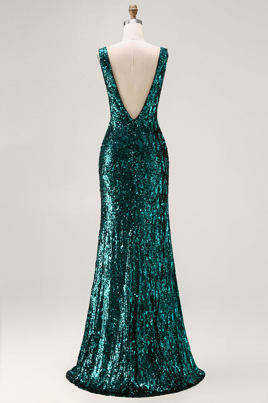 Longue Robe de Bal Sirène Pailletée Vert Paon Éclatant à Sequins avec Dos Nu et Fente