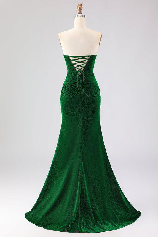Robe de bal longue sirène sans bretelles vert foncé scintillante avec dos lacé