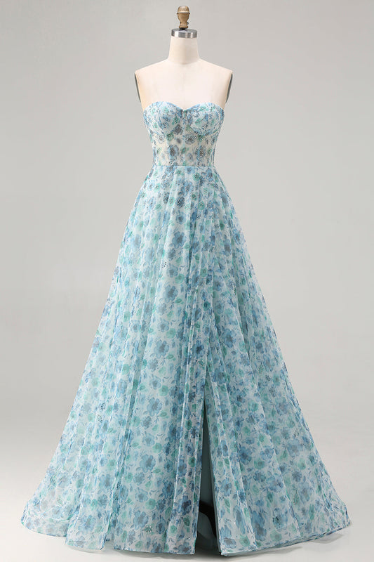 Strapless Blue Floral A-Line Beaded Convertible Long Prom Dress with Slit