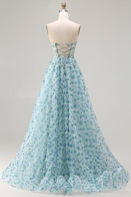 Strapless Blue Floral A-Line Beaded Convertible Long Prom Dress with Slit