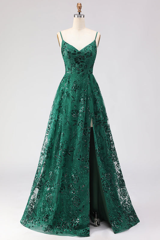 Robe de bal longue fendue vert foncé en ligne A avec sequins brodés et laçage au dos