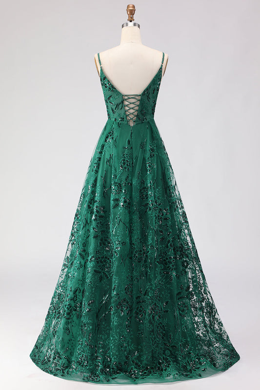 Robe de bal longue fendue vert foncé en ligne A avec sequins brodés et laçage au dos