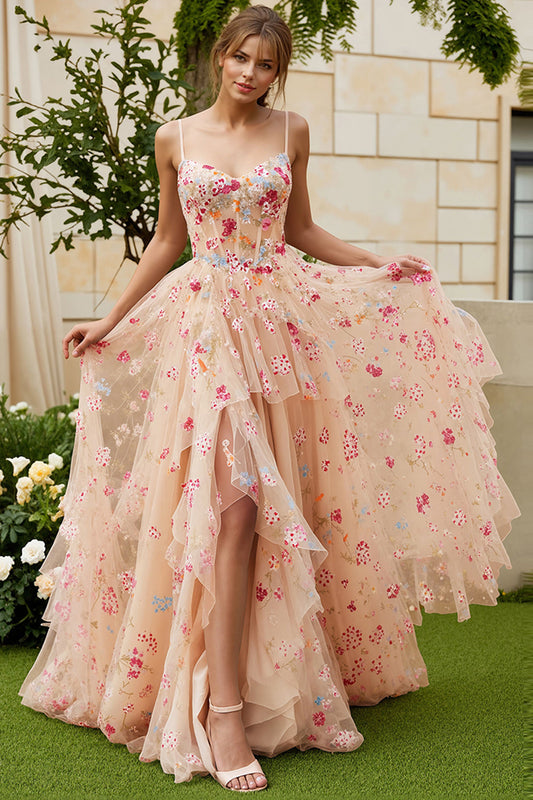 Robe de soirée longue corset volanté ligne A fendue Champagne Flower