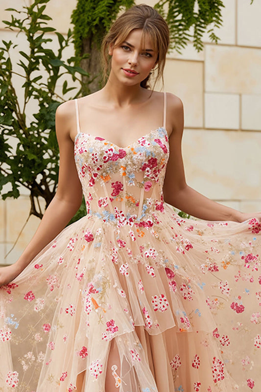 Robe de soirée longue corset volanté ligne A fendue Champagne Flower