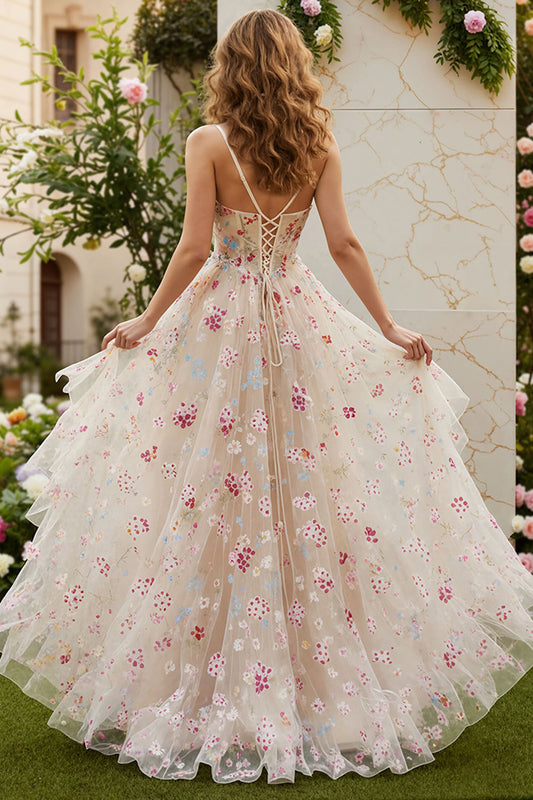 Robe de bal longue en forme de cœur, ligne A, corset, à volants, avec fente, couleur ivoire