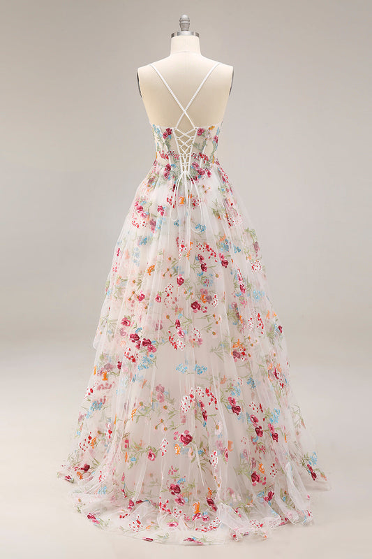 Ivory A-Line Sheer Boned Corset Embroidered Long Floral Dress with Ruffled Slit