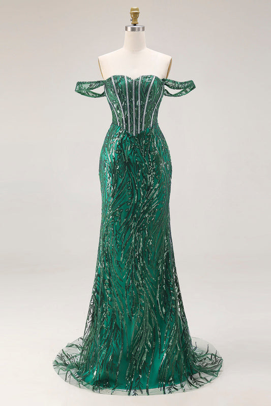 Robe de bal longue sirène vert foncé à paillettes, corsage sans bretelles et perles
