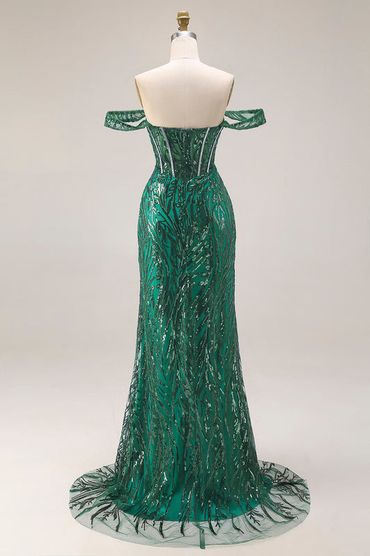 Robe de bal longue sirène vert foncé à paillettes, corsage sans bretelles et perles