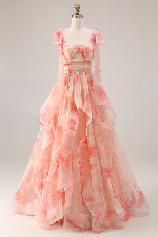 Robe de bal longue évasée à volants et imprimé floral, découpée, avec nœud, modèle Sunset