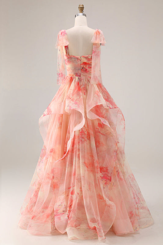 Robe de bal longue évasée à volants et imprimé floral, découpée, avec nœud, modèle Sunset