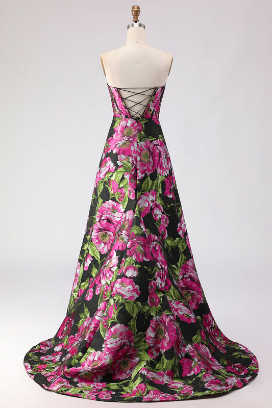 Black Floral A-Line Strapless Corset Jacquard Long Prom Dress with Slit