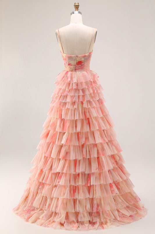 Robe de soirée longue trapèze avec fente, motif floral ajouré et superposition à nœuds, couleur coucher de soleil