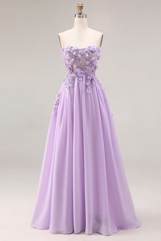 Robe longue de bal de promo bustier en ligne A avec corset appliqué lilas