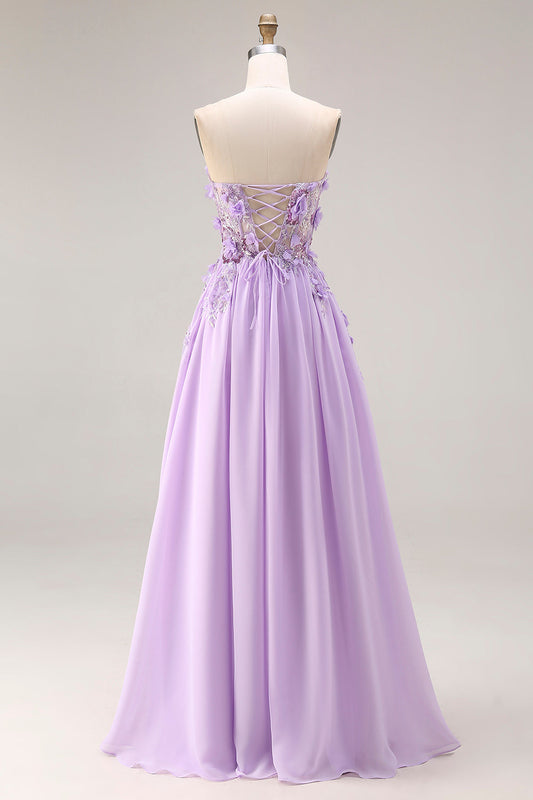 Robe longue de bal de promo bustier en ligne A avec corset appliqué lilas