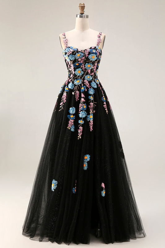 Robe de bal longue en tulle noir scintillante avec fente et sequins, coupe trapèze