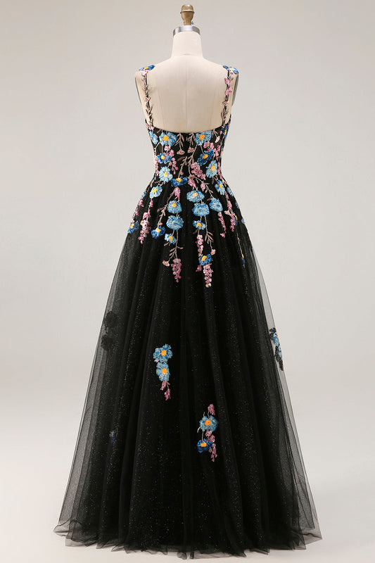 Robe de bal longue en tulle noir scintillante avec fente et sequins, coupe trapèze