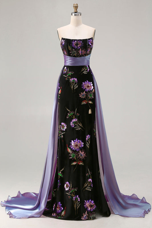 Robe de soirée longue sirène bustier noire à paillettes avec fente