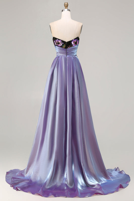 Robe de soirée longue sirène bustier noire à paillettes avec fente