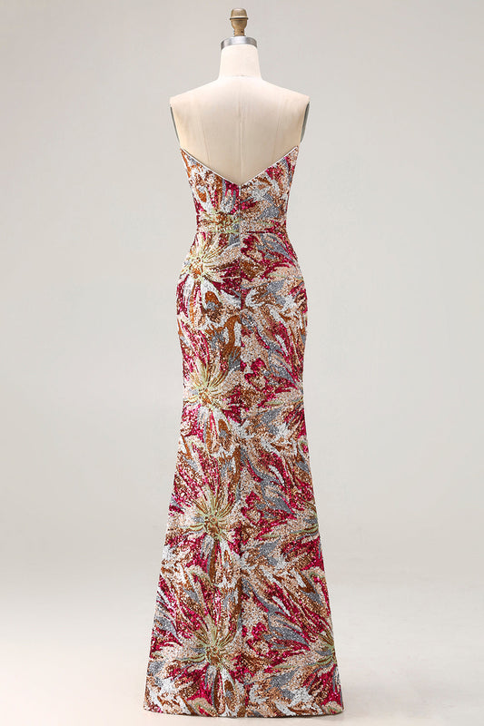 Robe de Bal Longue Sirène Scintillante Fuchsia Cœur Paillettes Florales avec Fente