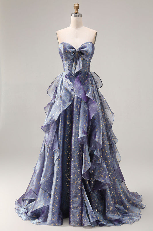 Robe de bal longue évasée bleu poussière sans bretelles à volants floraux avec dos lacé