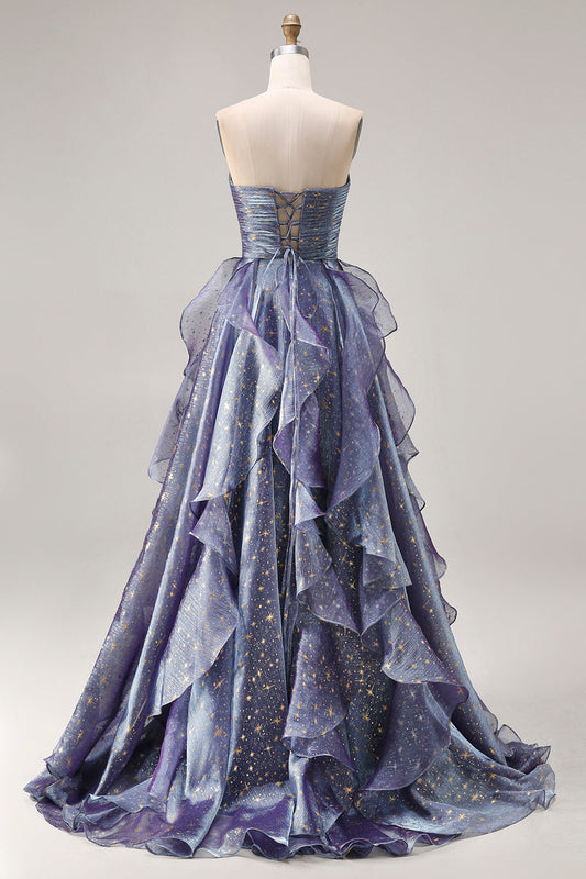 Robe de bal longue évasée bleu poussière sans bretelles à volants floraux avec dos lacé