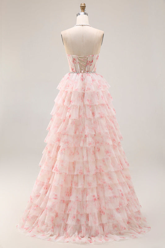 Halter A-Line Candy Pink Corset Floral Tiered Ruffle Long Prom Dress with Pearls